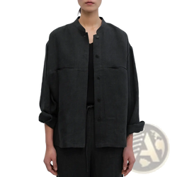 Black linen button up oversized shirt for women with rolled sleeves and front pockets for casual wear