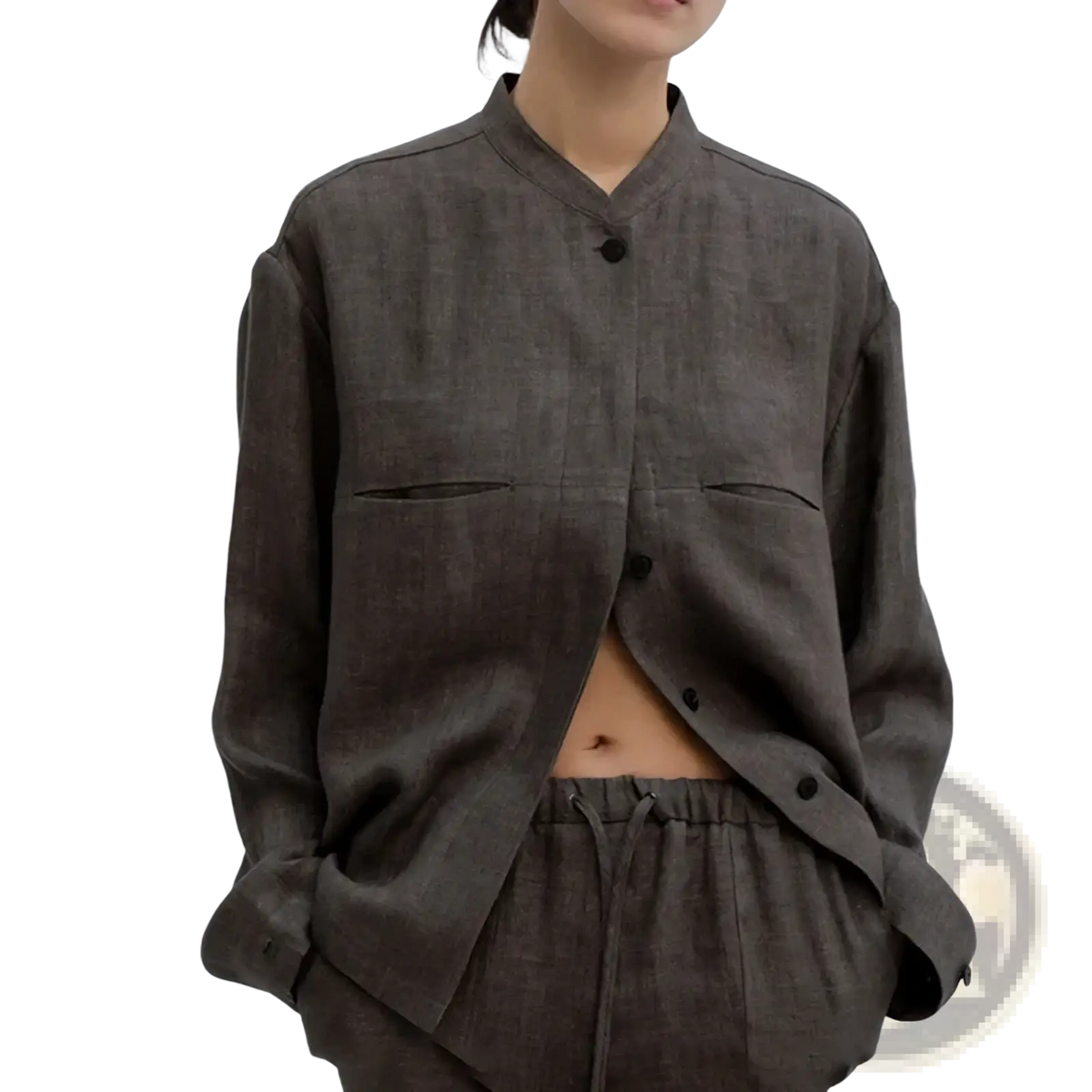 Linen blouse button up oversized shirt women featuring a loose fitting dark gray linen jacket with mandarin collar and black buttons