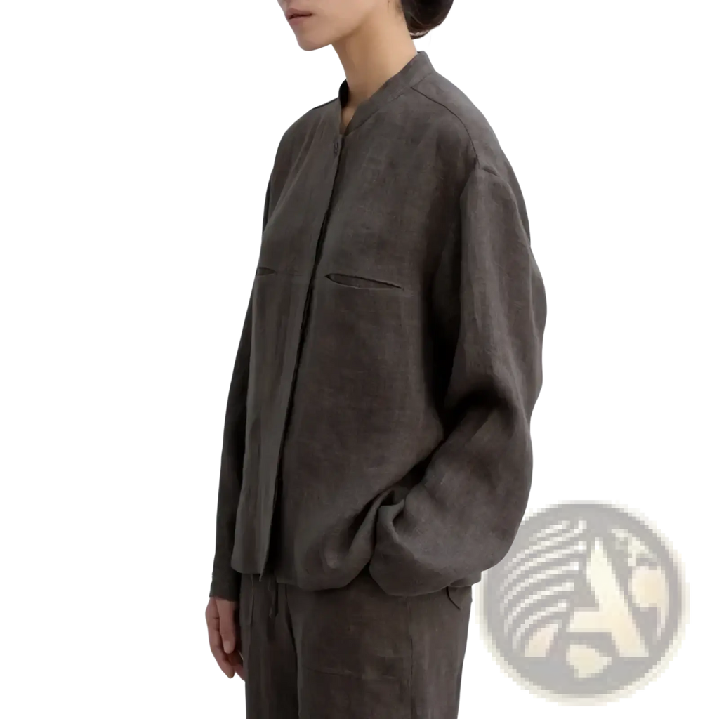 Linen blouse button up oversized shirt for women in dark gray linen with subtle texture and two front pockets