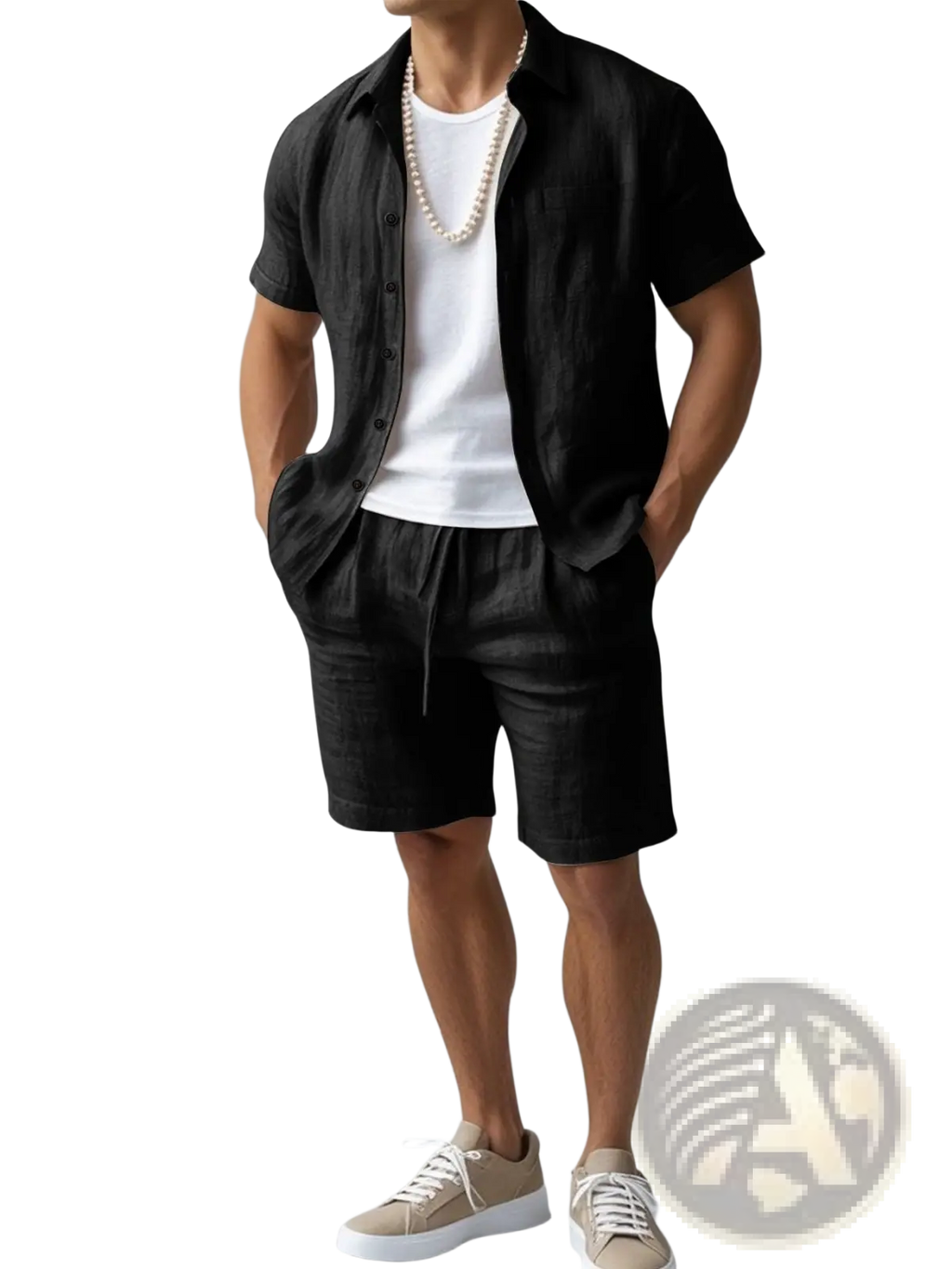 Black linen short-sleeved button-up shirt with subtle chest pocket loose casual mens top