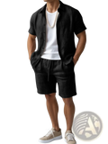 Black linen short-sleeved button-up shirt with subtle chest pocket loose casual mens top