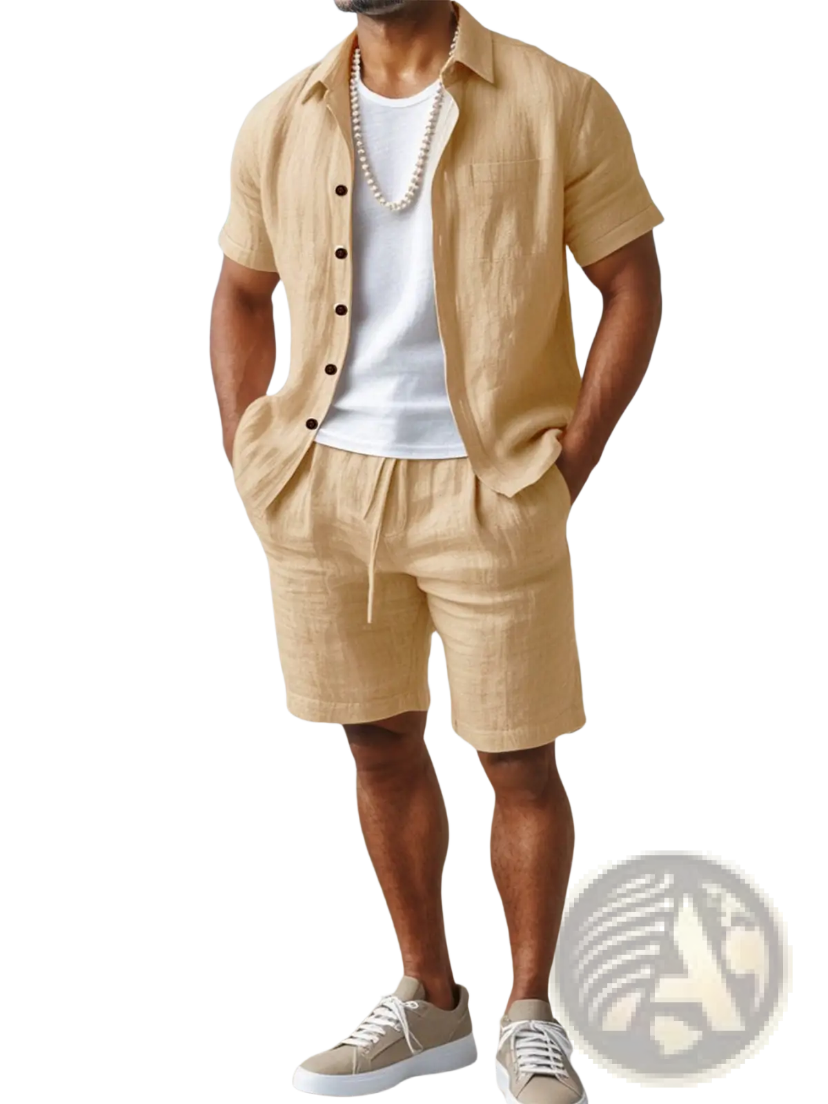 Beige linen short-sleeved button-up shirt with dark brown buttons and chest pocket for casual menswear