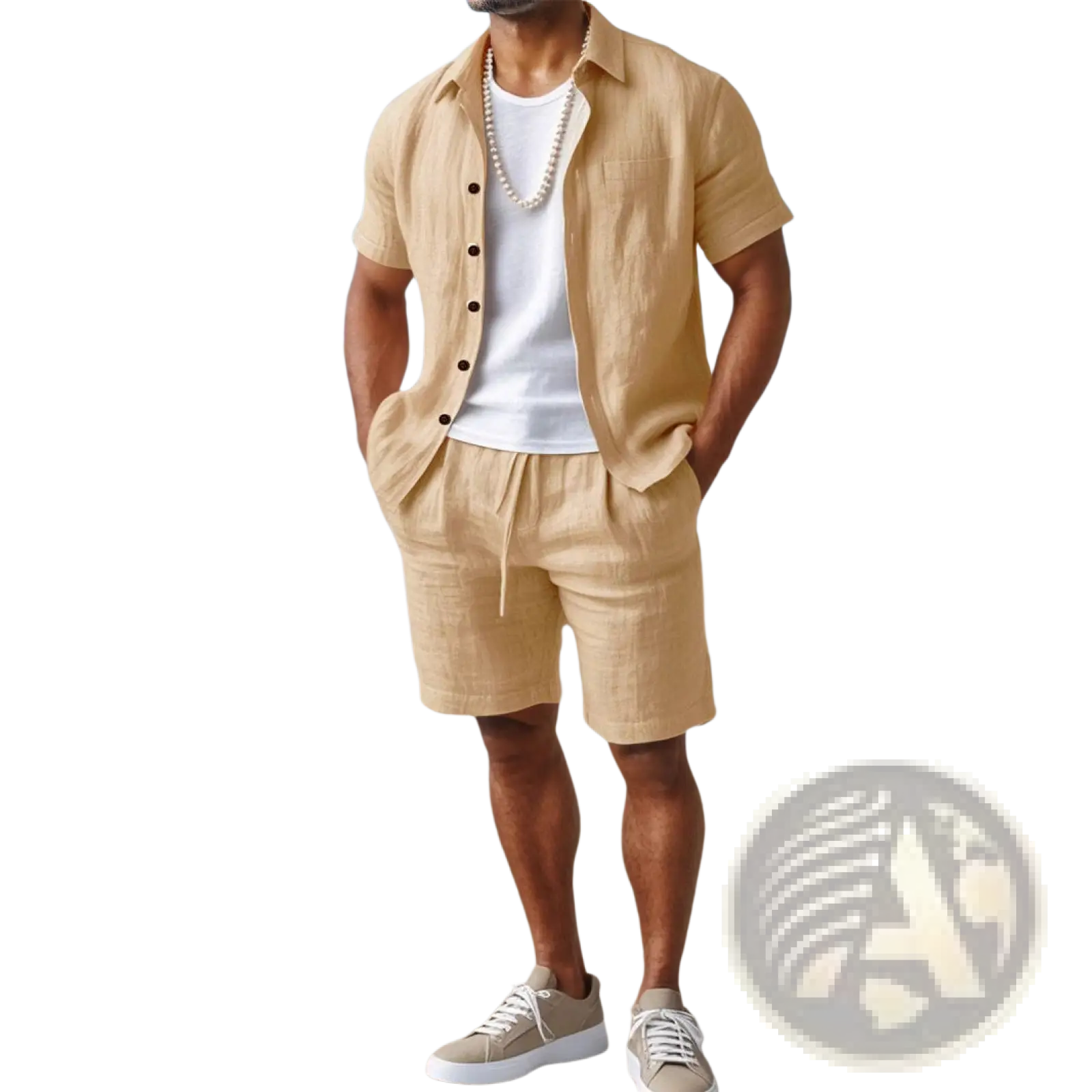 Beige linen short-sleeved button-up shirt with collar and chest pocket casual loose mens top