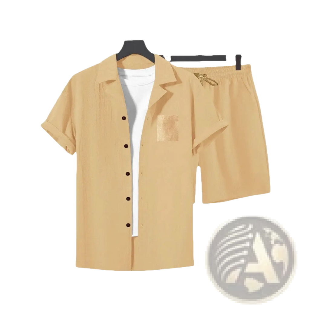 Beige linen short-sleeved button-up shirt with chest pocket and matching elastic waistband shorts for casual menswear