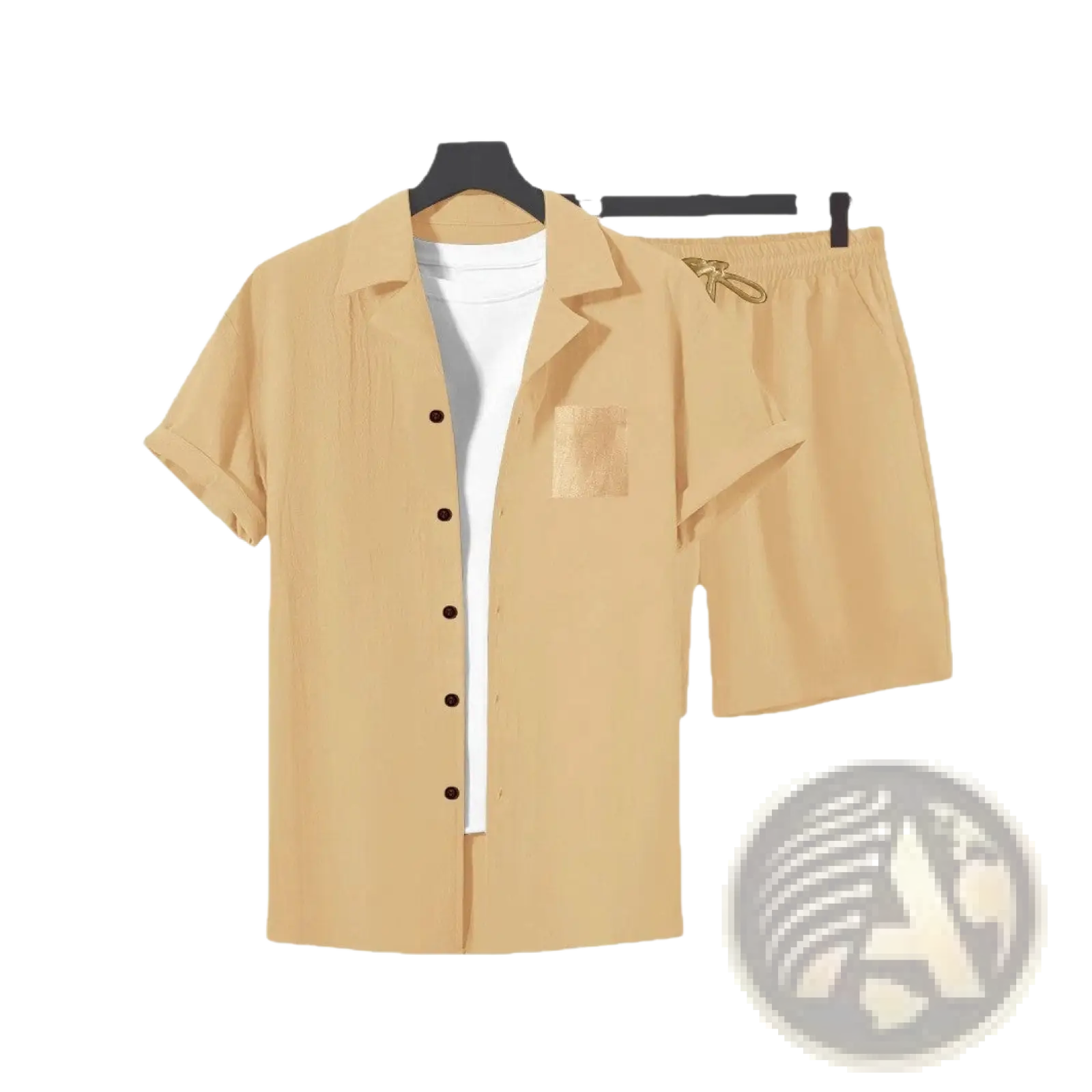 Beige linen short-sleeved button-up shirt with chest pocket and matching elastic waistband shorts for casual menswear
