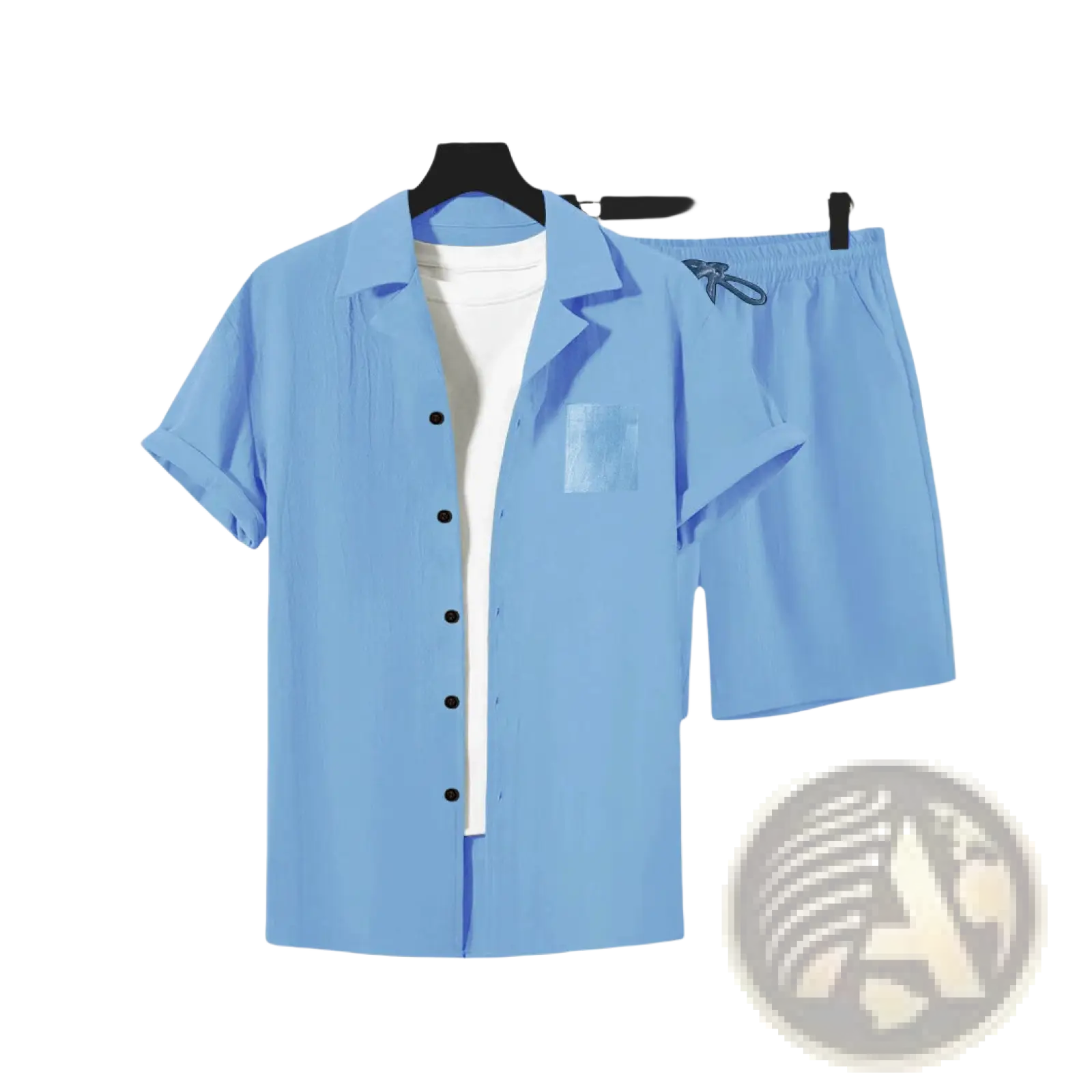 Light blue linen short-sleeved button-up shirt with collar and front pocket casual loose mens top