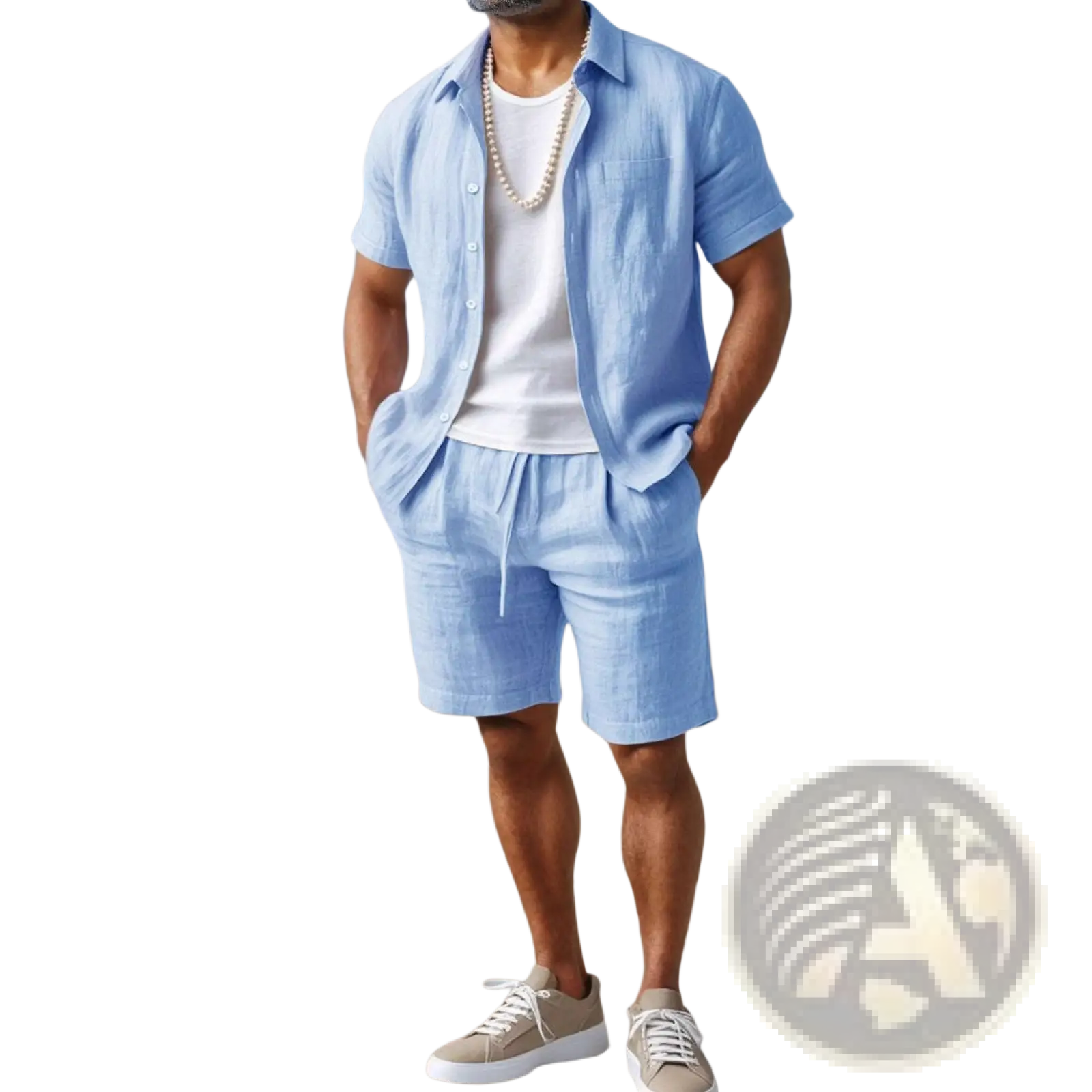 Light blue linen short-sleeved button-up shirt with chest pocket loose casual mens top