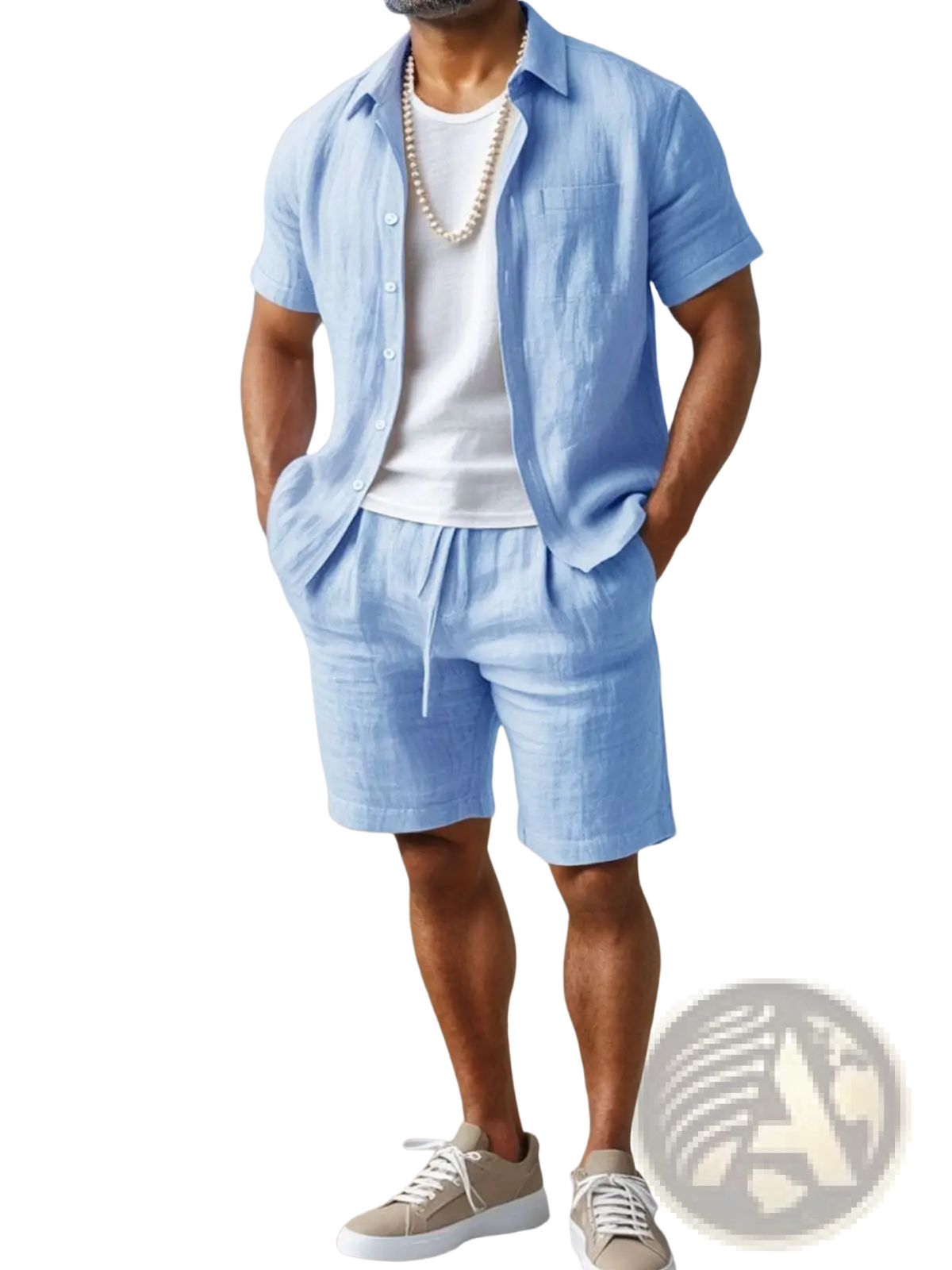 Light blue linen shorts with drawstring waistband paired with linen button-up shirt loose casual mens top