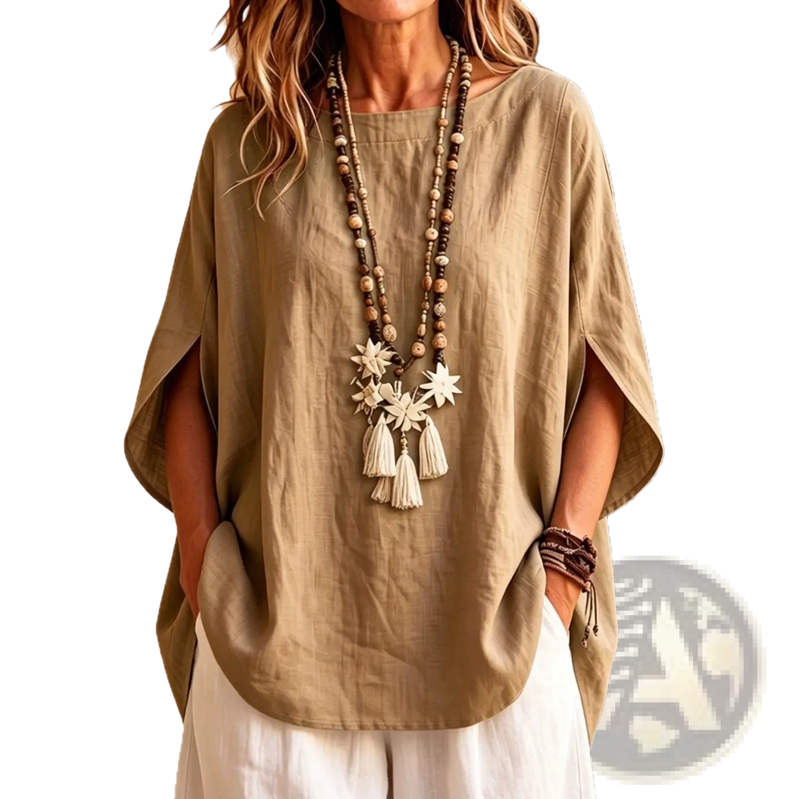 Beige linen cape top with relaxed fit and wide batwing sleeves in a lightweight breathable fabric