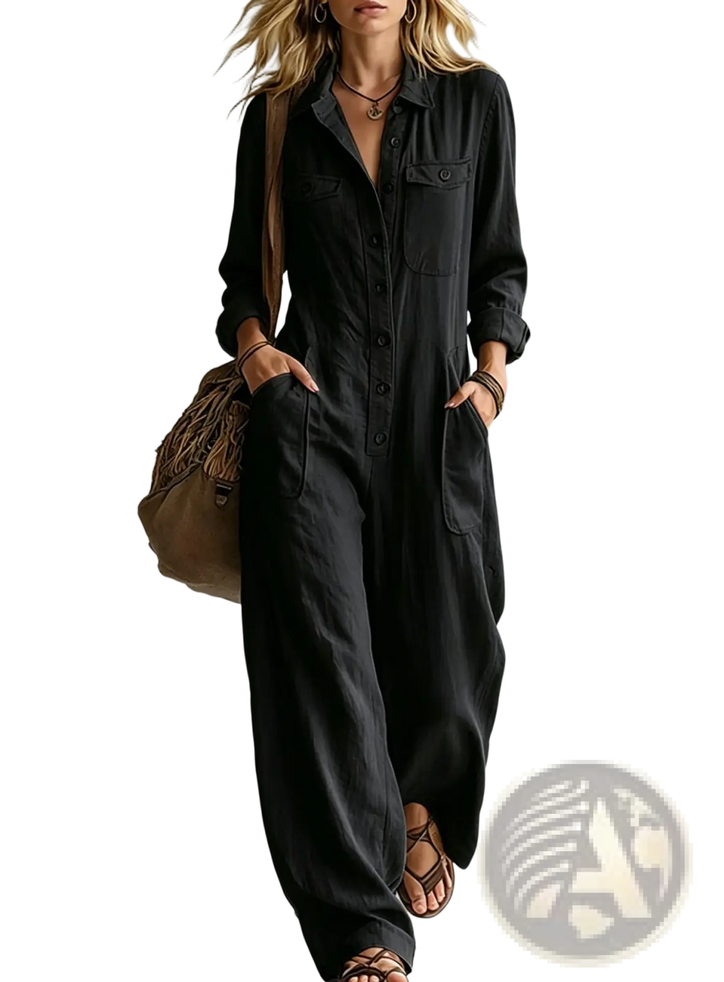Black linen casual jumpsuit long sleeve with button-front closure and front pockets for workwear use