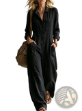Black linen casual jumpsuit long sleeve with button-front closure and front pockets for workwear use