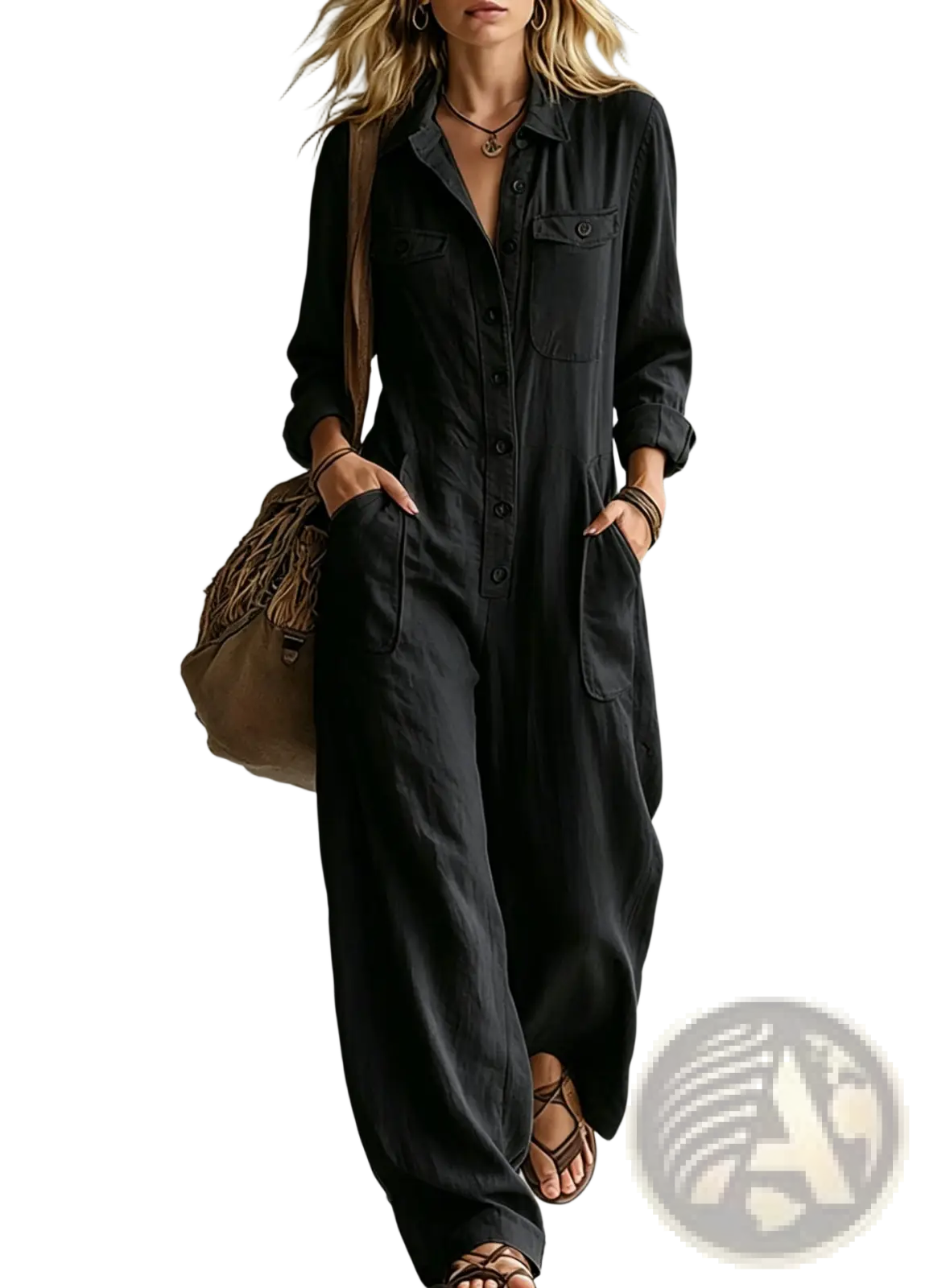 Black linen casual jumpsuit long sleeve with button-front closure and front pockets for workwear use