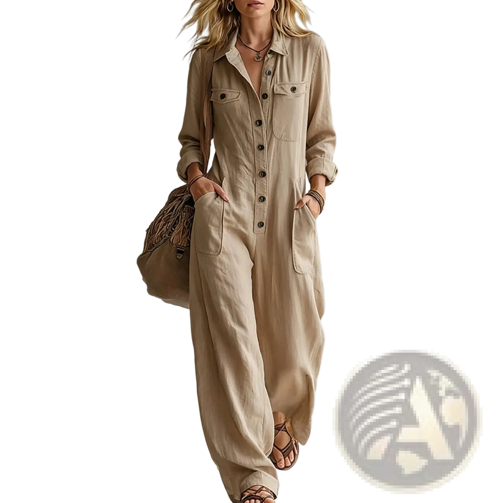 Beige linen casual jumpsuit with button-front detailing and rolled-up long sleeves for workwear use