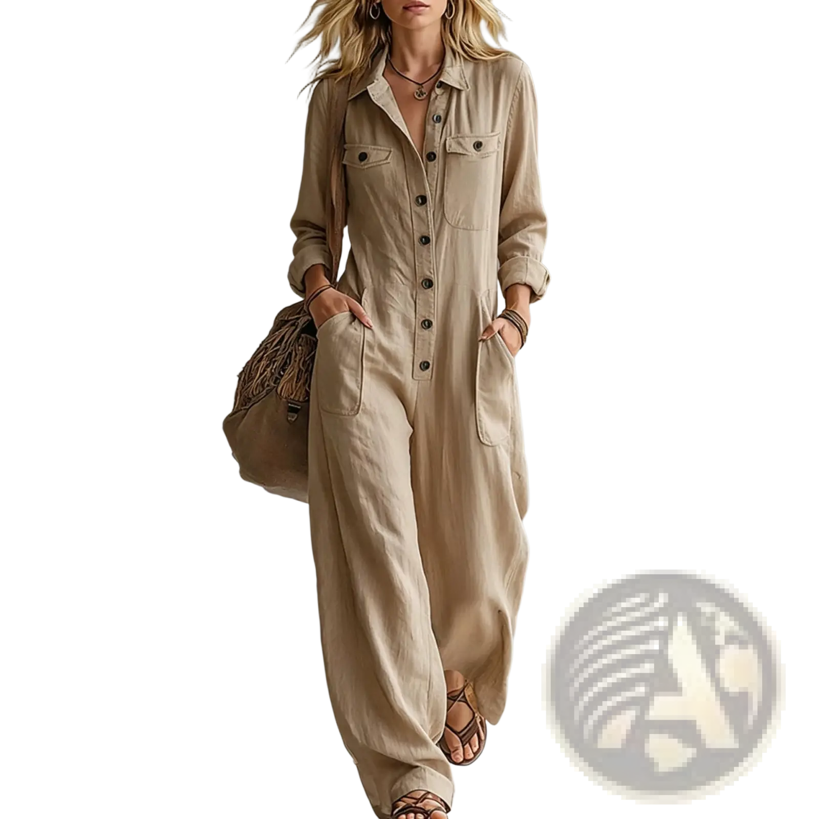 Beige linen casual jumpsuit with button-front detailing and rolled-up long sleeves for workwear use