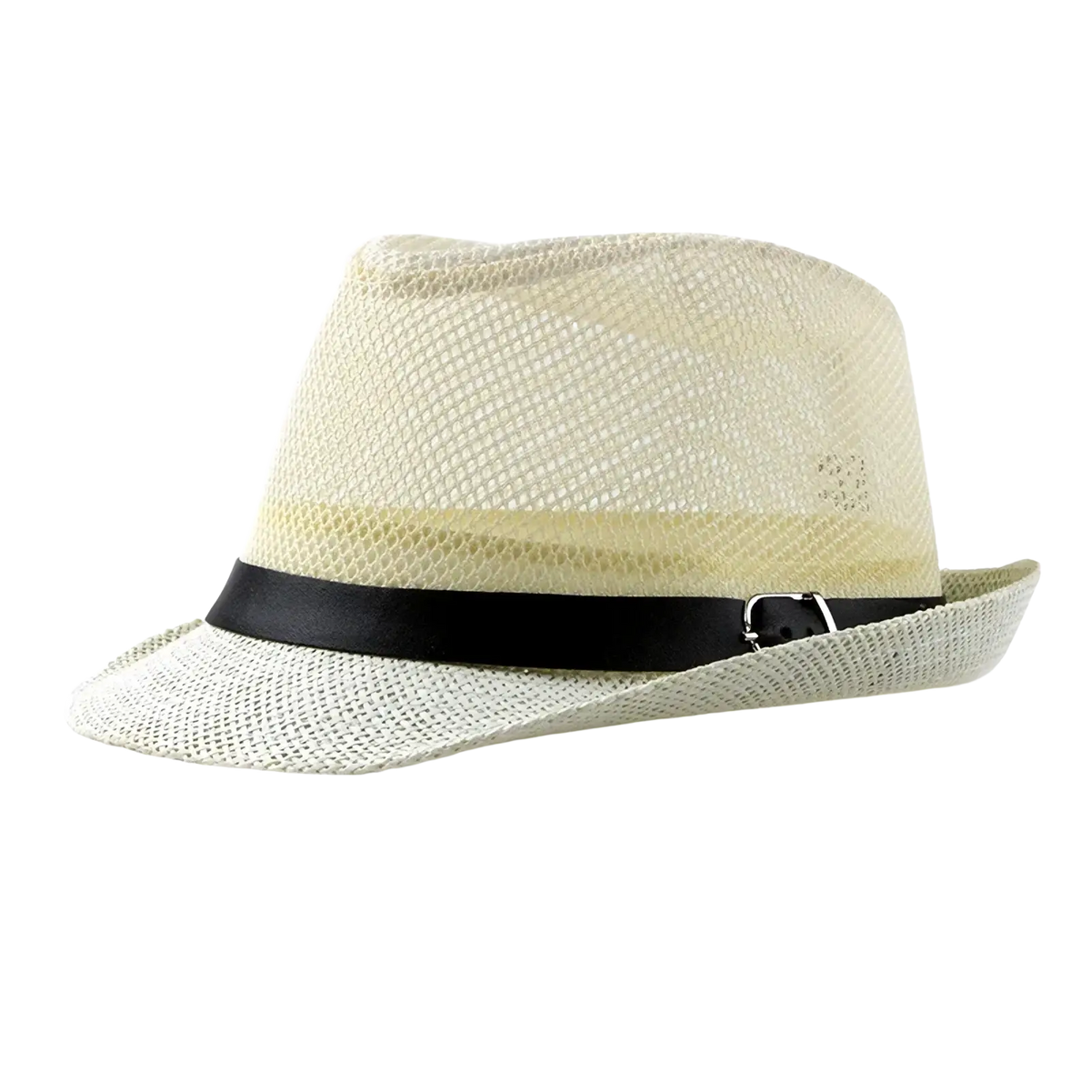 Beige woven linen fedora hat with black satin band and silver buckle ideal for sun hats beach summer wear