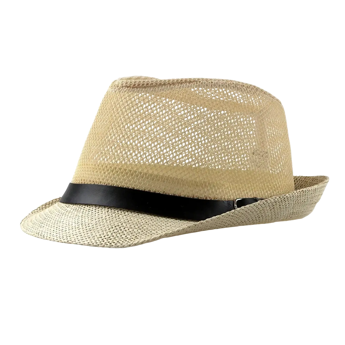 Beige woven linen fedora hat with black leather band suitable for sun protection at beach and summer outings