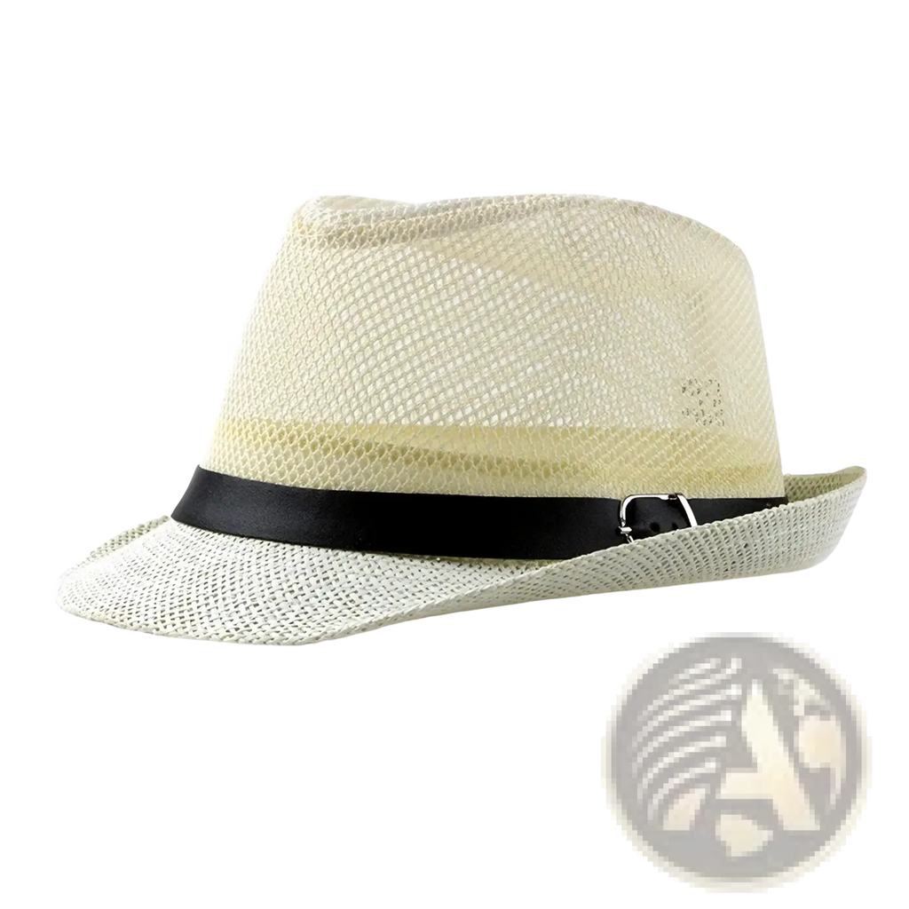 Beige woven linen fedora hat with black satin band and silver buckle ideal for sun hats beach summer wear