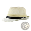 Beige woven linen fedora hat with black satin band and silver buckle ideal for sun hats beach summer wear