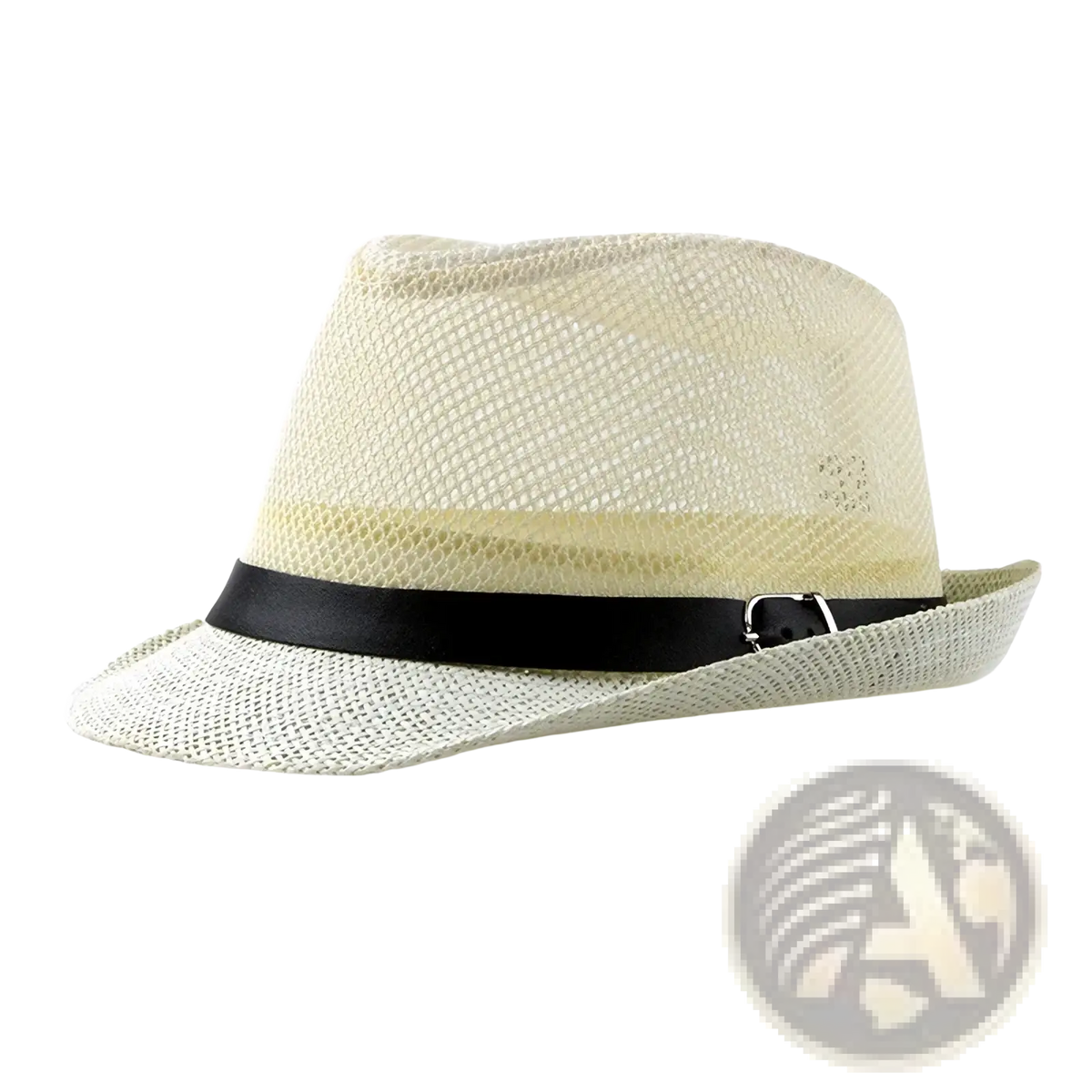 Beige woven linen fedora hat with black satin band and silver buckle ideal for sun hats beach summer wear