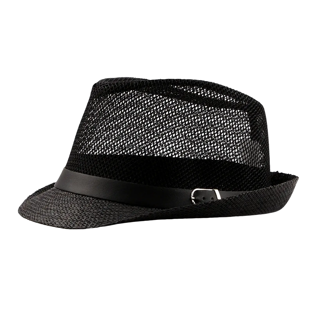 Black mesh linen fedora with sleek leather band and silver buckle ideal for sun hats beach summer wear