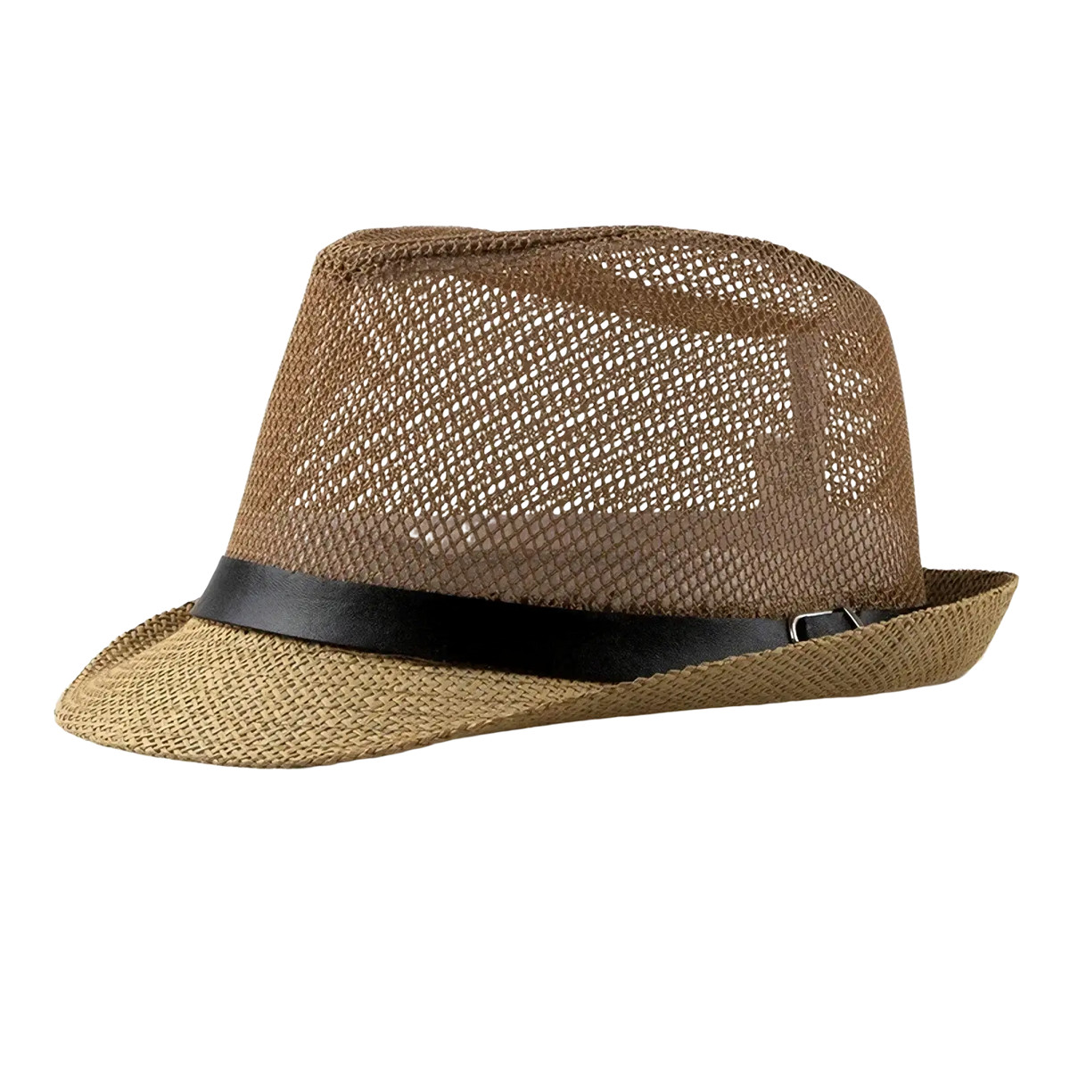 Brown woven linen fedora hat with black leather band suitable for sun hats beach summer wear