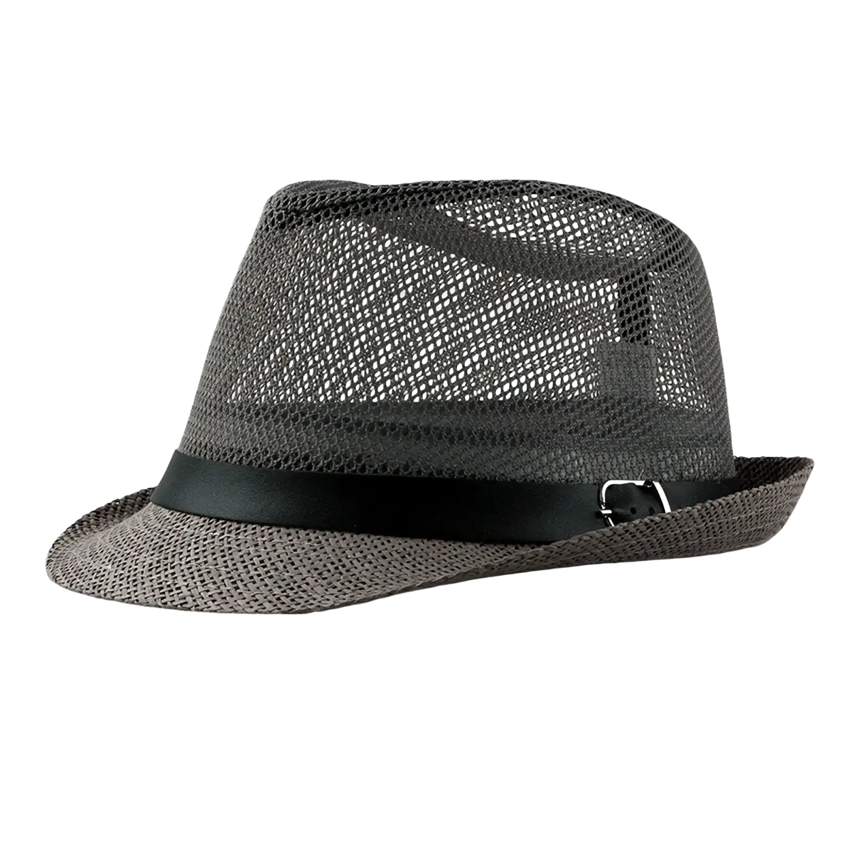 Gray mesh linen fedora hat with black leather band and silver buckle for sun protection at beach summer outings