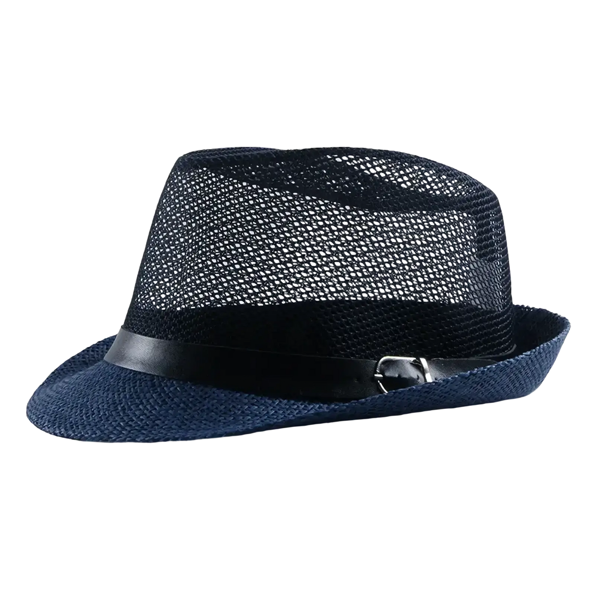 Navy blue woven linen fedora with black leather band and silver buckle sun hat for beach summer wear