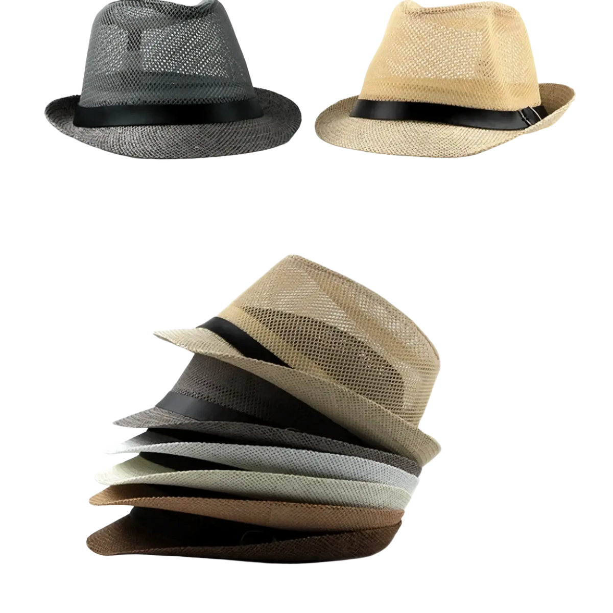 Stack of woven linen fedoras in neutral tones with black satin bands for sun hats beach summer wear