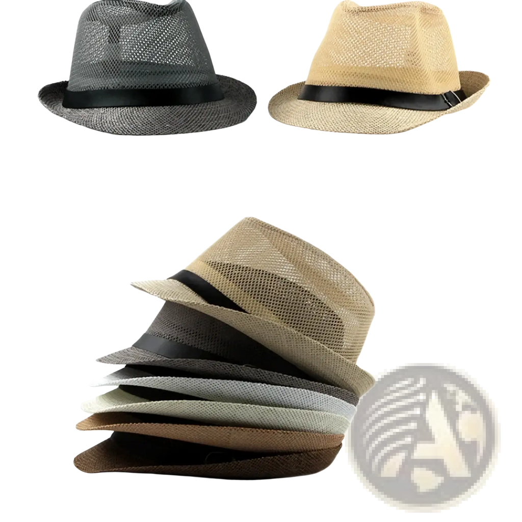 Stack of woven linen fedoras in neutral tones with black satin bands for sun hats beach summer wear