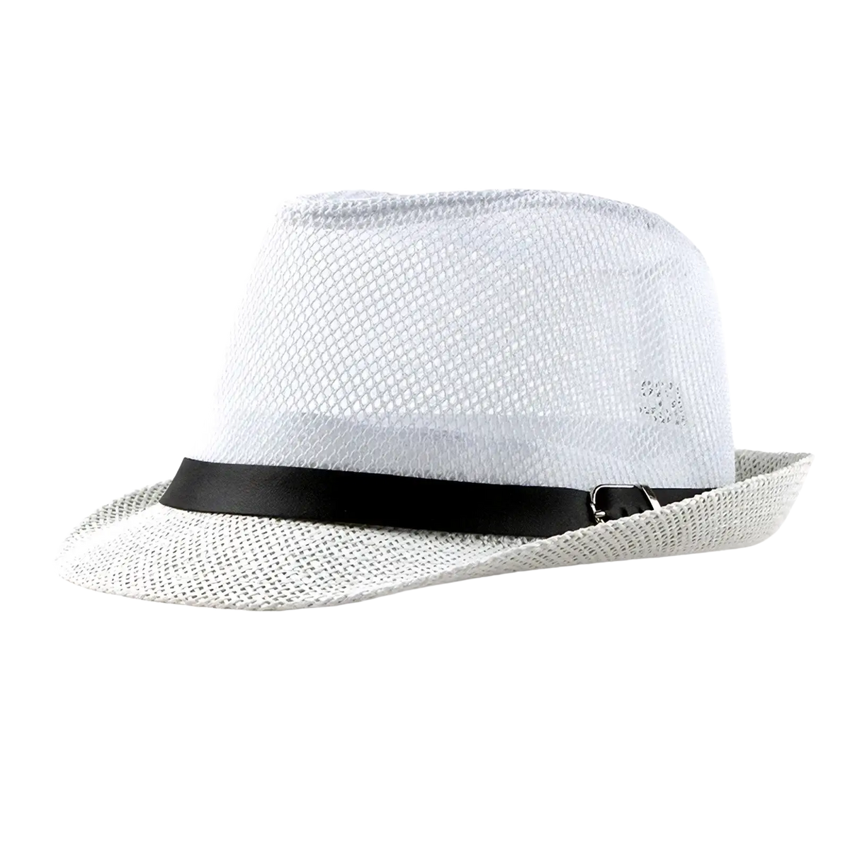 White mesh linen fedora hat with black leather band and buckle ideal for sun protection at the beach and summer