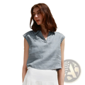 A light blue sleeveless linen blouse with a collar and buttoned placket featured as a linen lapel sleeveless vest