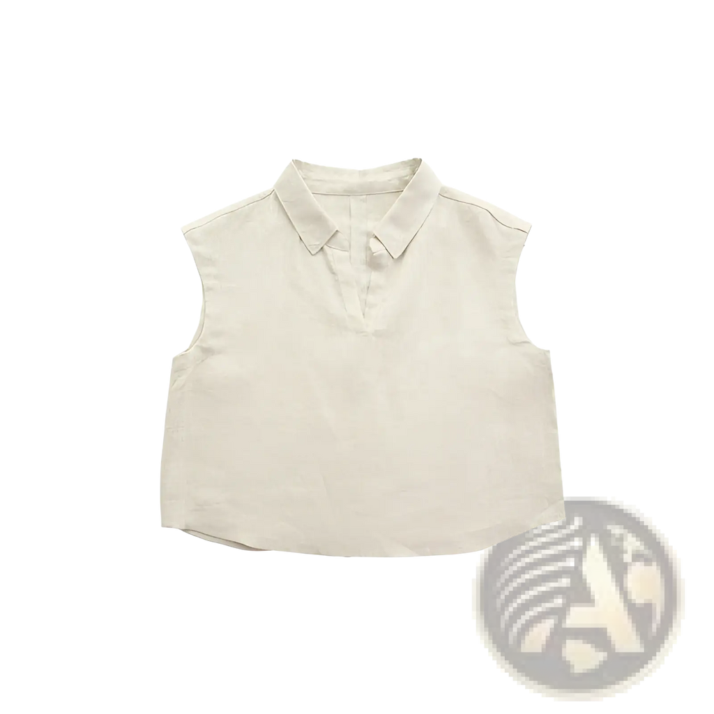 Linen lapel sleeveless vest in off-white linen with a classic collar and button placket for a polished look