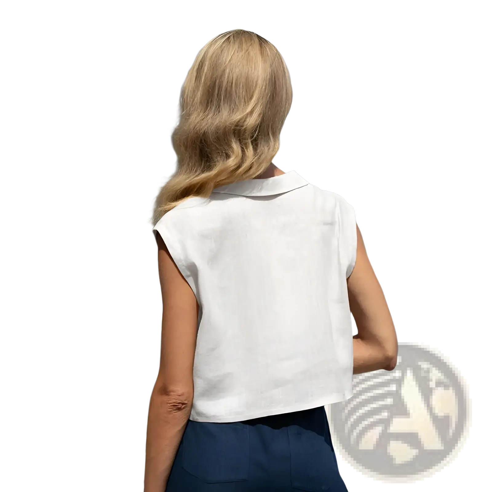 White sleeveless linen vest with a lapel collar made from breathable linen fabric for stylish summer wear