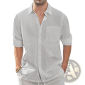 Light gray linen long sleeve shirt with rolled up sleeves and chest pocket ideal for casual or formal wear