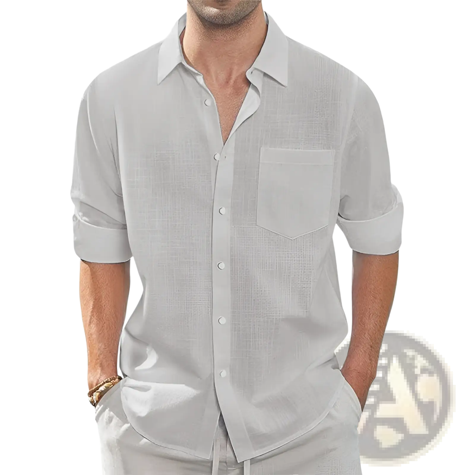 Light gray linen long sleeve shirt with rolled up sleeves and chest pocket ideal for casual or formal wear