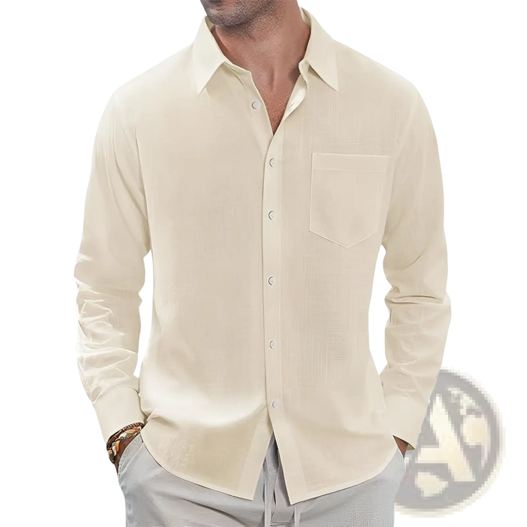 Beige linen long sleeve shirt with chest pocket and subtle texture for a classic and comfortable look