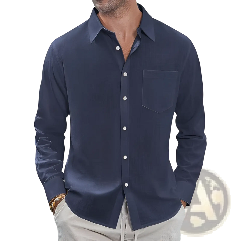 Navy blue linen long sleeve shirt with chest pocket and white buttons suitable for casual and formal wear