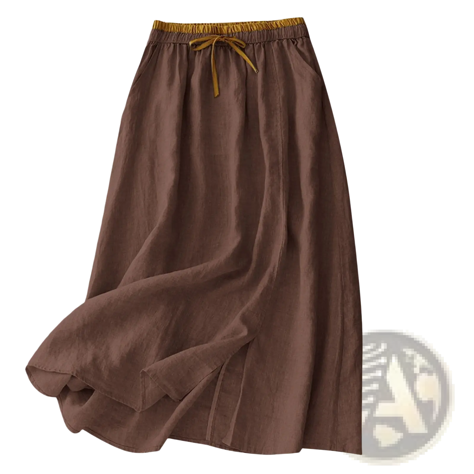 A flowing brown linen midi skirt with an elastic golden drawstring waistband for casual wear