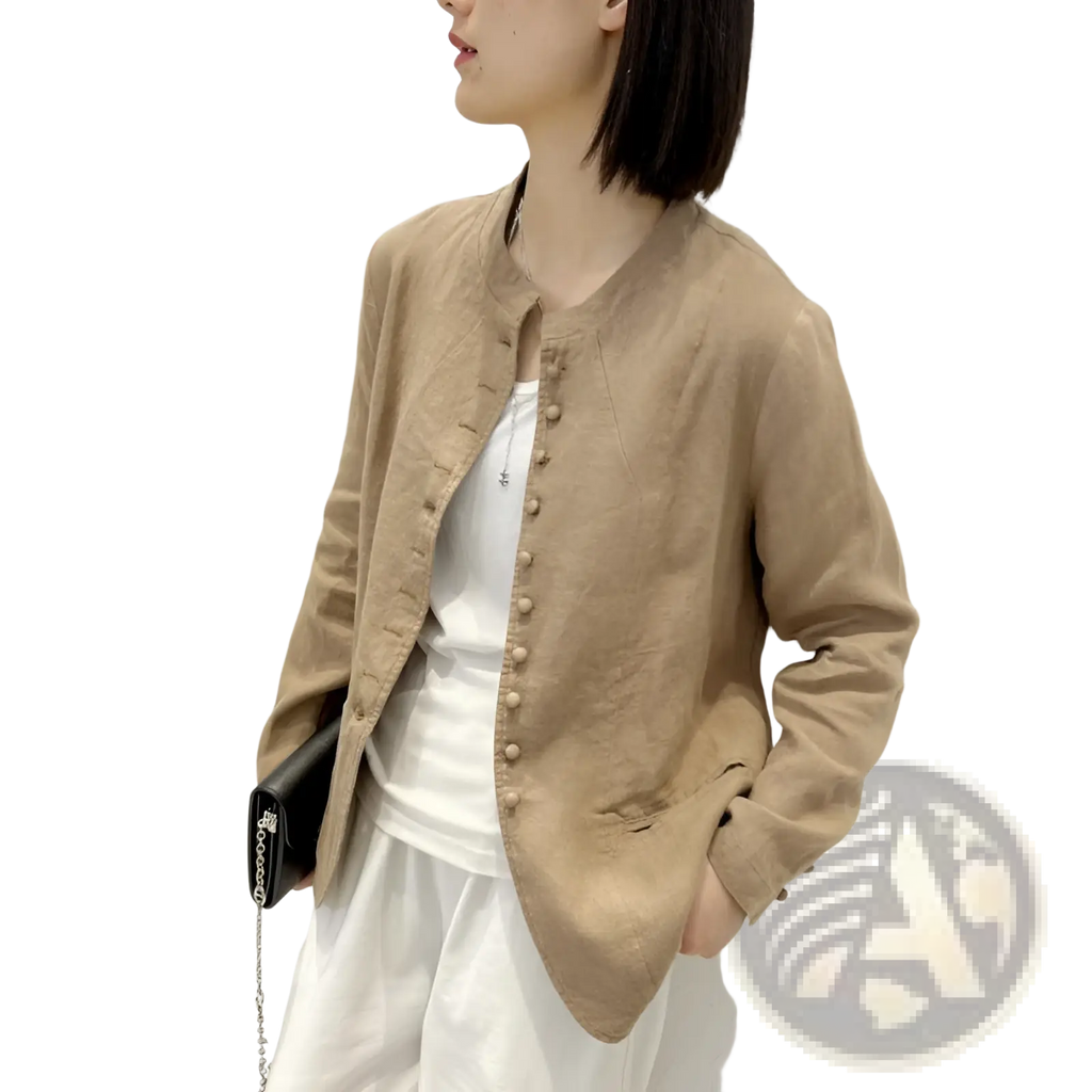 Beige linen patchwork jacket with button closure and subtle texture in a relaxed fit style