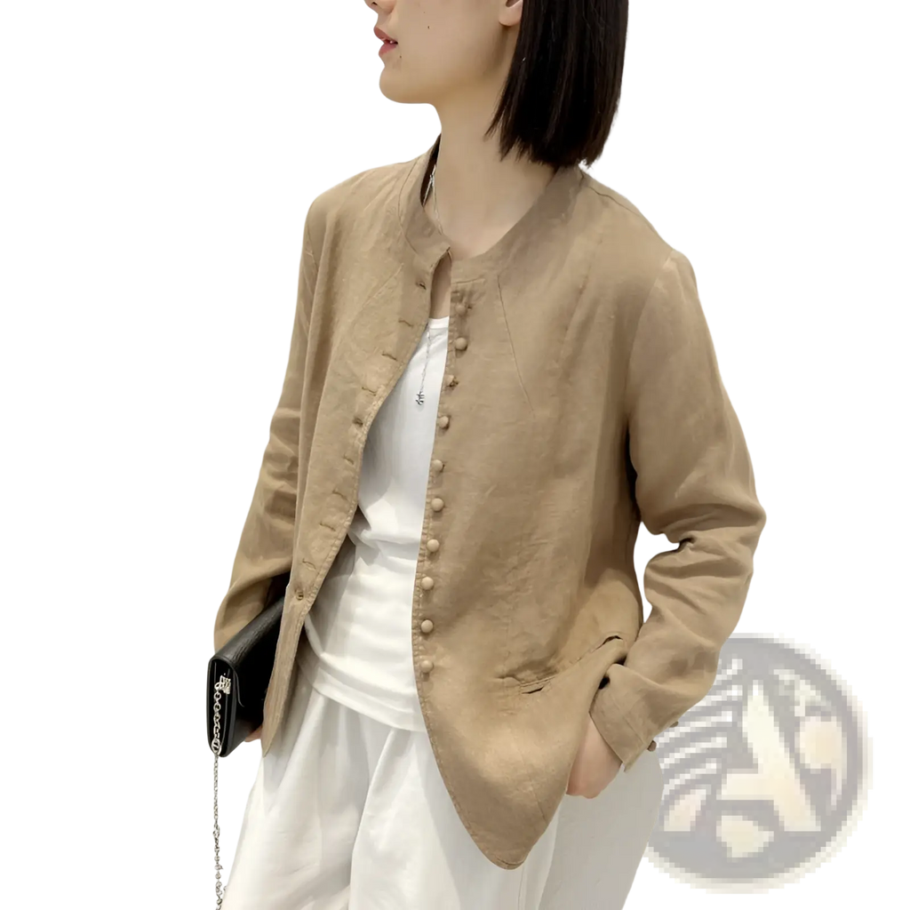 Beige linen patchwork jacket with round neckline and button closures in a relaxed fit style