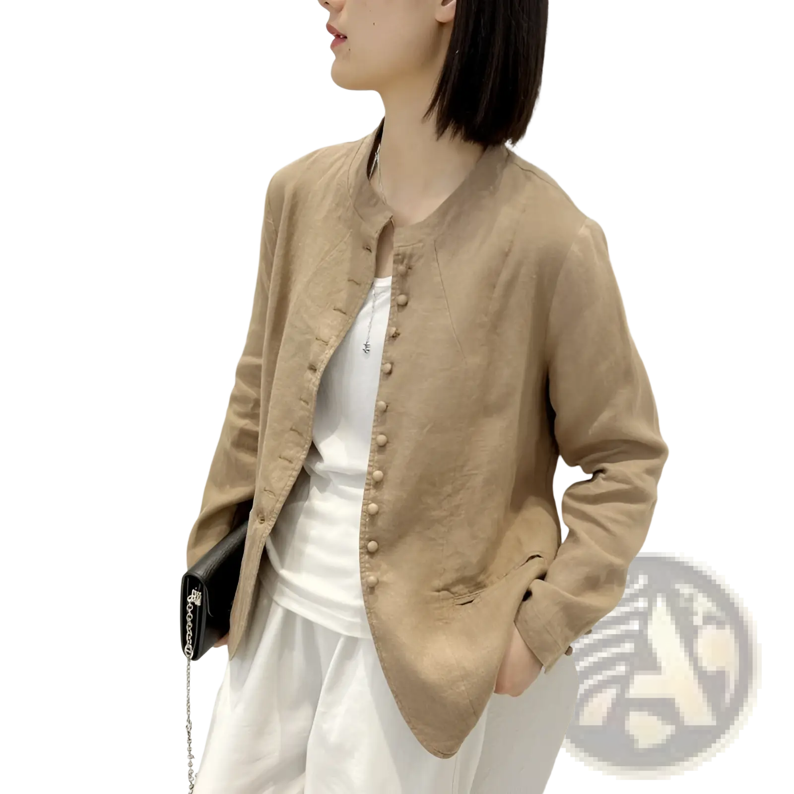 Beige linen patchwork jacket with round neckline and button closures in a relaxed fit style