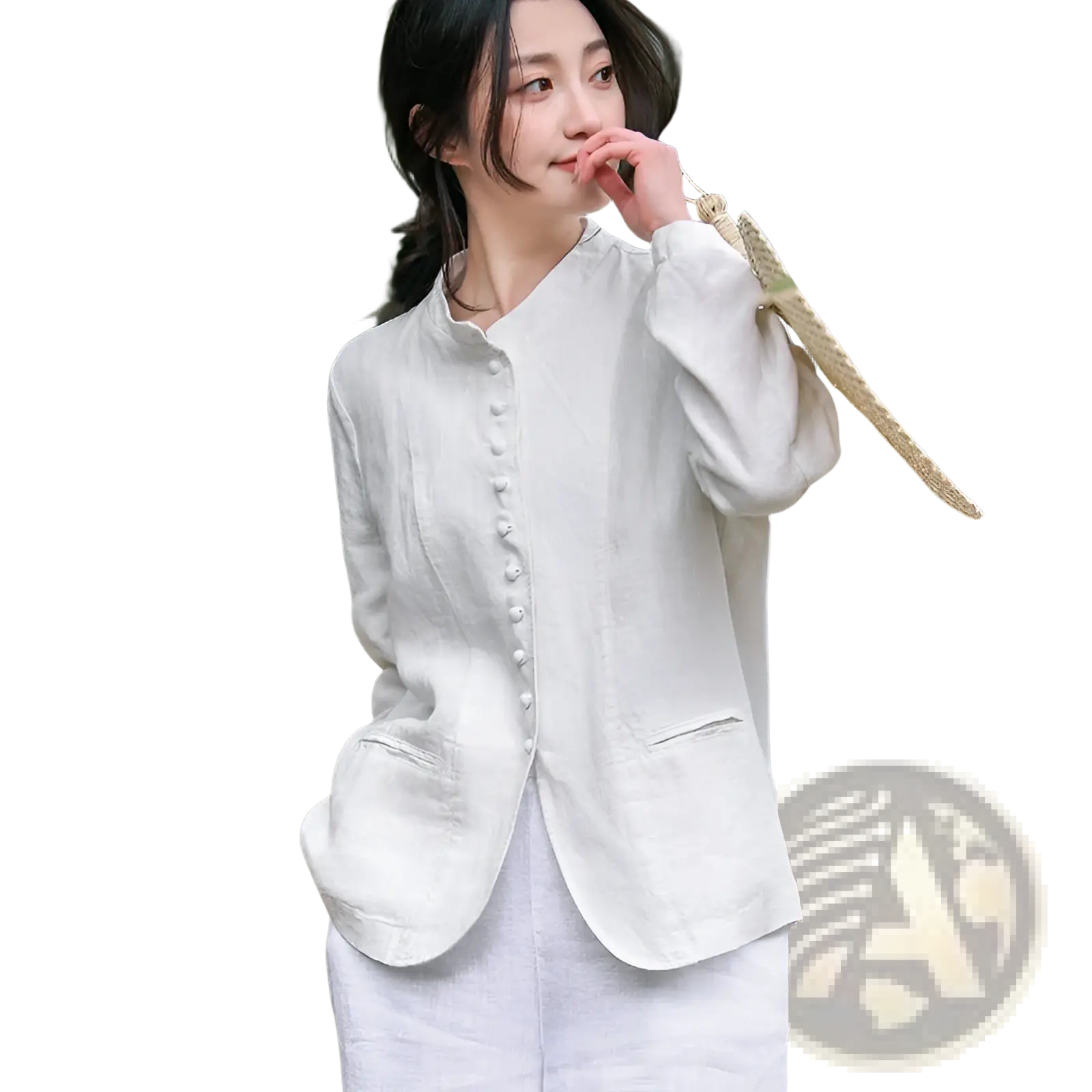A light gray linen patchwork jacket with long sleeves, mandarin collar, and pearl-like buttons in a relaxed fit