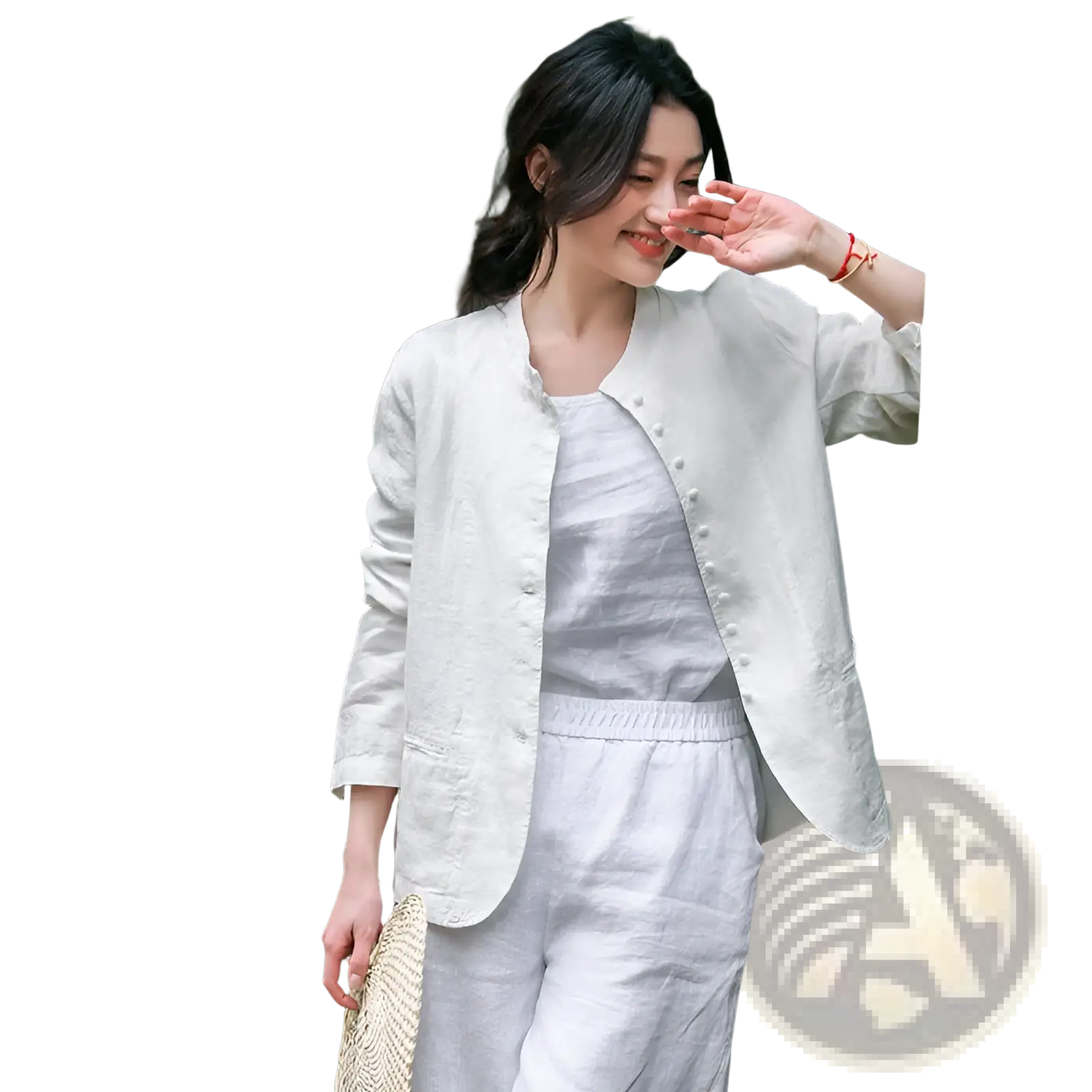 White linen patchwork jacket with button closure and subtle texture in a relaxed fit design
