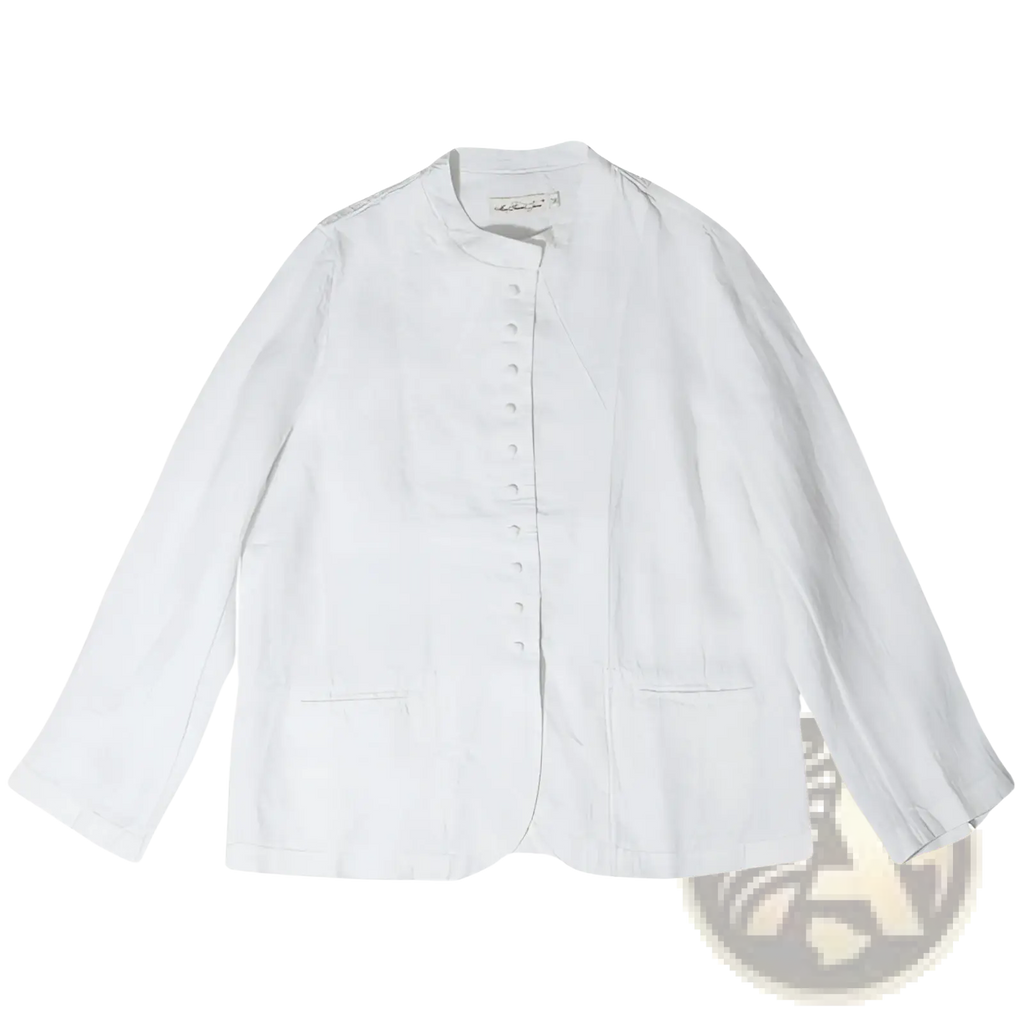 White linen patchwork jacket with a stand-up collar and button-front closure in a relaxed fit style