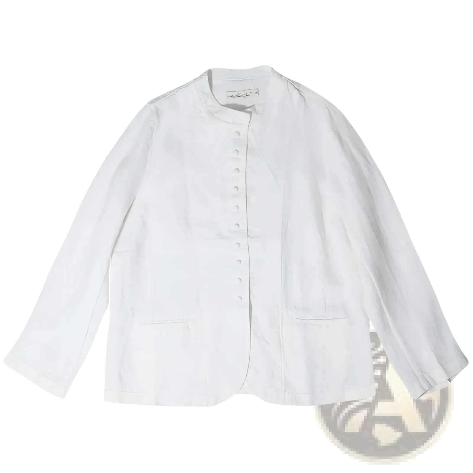 White linen patchwork jacket with a stand-up collar and button-front closure in a relaxed fit style