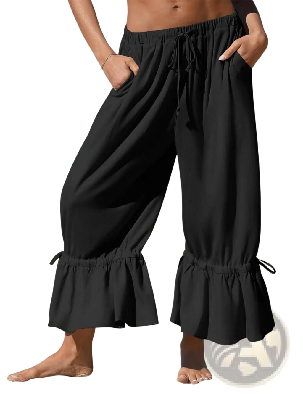 Black linen wide leg pants with ruffled cuffs and drawstring waist for a comfortable stylish look