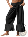 Black linen wide leg pants with ruffled cuffs and drawstring waist for a comfortable stylish look
