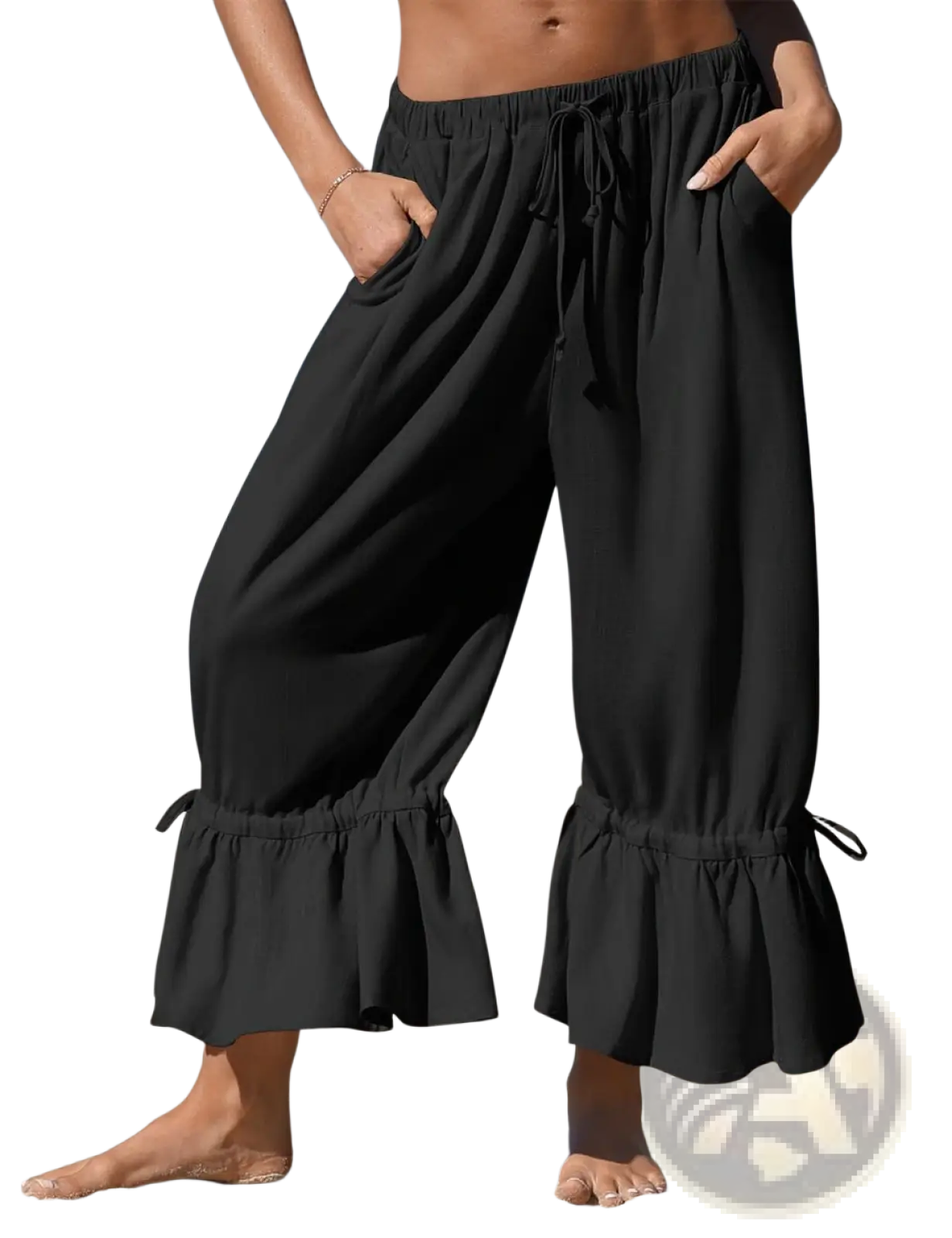 Black linen wide leg pants with ruffled cuffs and drawstring waist for a comfortable stylish look
