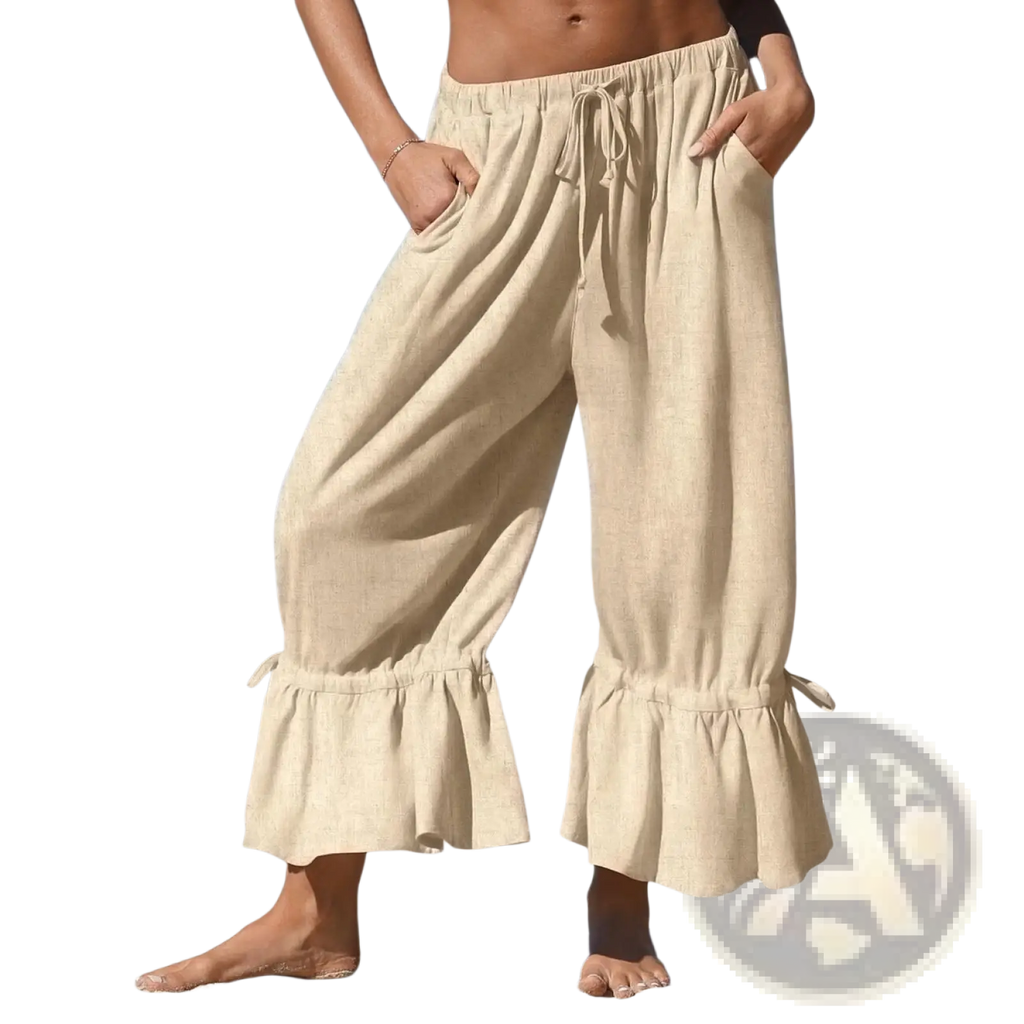Beige linen wide leg trousers with ruffled cuffs and drawstring waist designed for comfortable casual wear