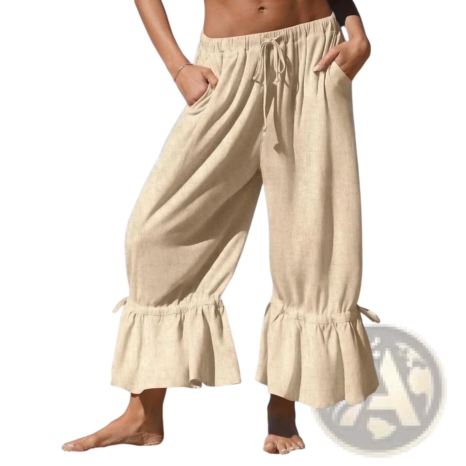 Beige linen wide leg trousers with ruffled cuffs and drawstring waist designed for comfortable casual wear